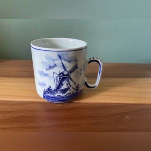 Delfts Blauw Handpainted Blue And White Cup Flowers And Windmill Holland 3”